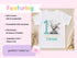 Personalised first birthday t-shirt with elephant design shown alongside soft cotton fabric details