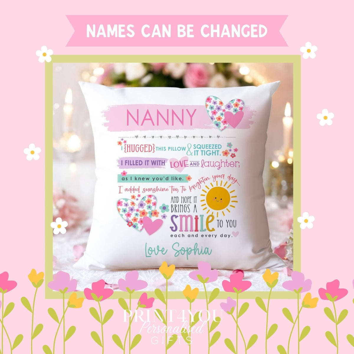 Personalised Nan cushion styled on a sofa, 40x40cm decorative pillow