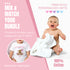 The image is an advertisement for a gift bundle that includes a baby's outfit, a towel, and a T-shirt. The bundle is designed to be mixed and match, allowing the recipient to choose from various items such as bibs, vests, sleepsuits, and T-shirts. The bundle is made of 100% cotton, ensuring that it is machine washable.