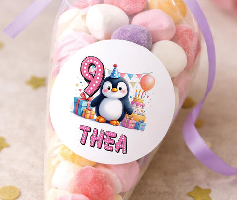 Personalised Penguin Stickers – Birthday Party Labels – Custom Name Seals 5cm Glossy - Strips (5cm each)