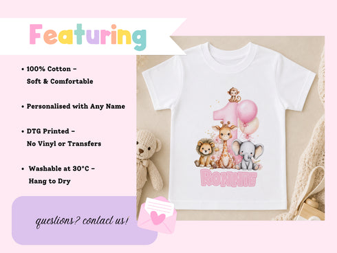 a white t-shirt with a cartoon animal design and the number 1, along with a stuffed animal and a pink balloon. The t-shirt is described as 100% cotton, soft and comfortable, and personalised with a name. It is also printed with a DTM (Digital Print on Demand) and no vinyl or transfers, making it washable at 30°C and suitable for hanging to dry. The t-shirt is placed on a beige surface, and there is a stuffed animal and a pink balloon nearby.