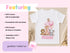 a white t-shirt with a cartoon animal design and the number 1, along with a stuffed animal and a pink balloon. The t-shirt is described as 100% cotton, soft and comfortable, and personalised with a name. It is also printed with a DTM (Digital Print on Demand) and no vinyl or transfers, making it washable at 30°C and suitable for hanging to dry. The t-shirt is placed on a beige surface, and there is a stuffed animal and a pink balloon nearby.