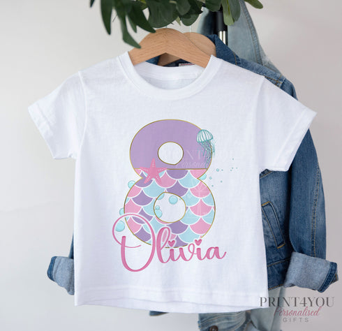 Personalized Mermaid Birthday T-Shirt for Any Age - Custom Cotton White Top