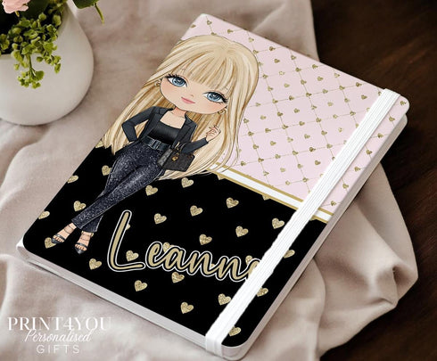 Personalised Girl Notebook β Custom Name Diary with 9 Stylish Characters | Teen Gift, PU Leather Journal, Black & Gold Heart Design