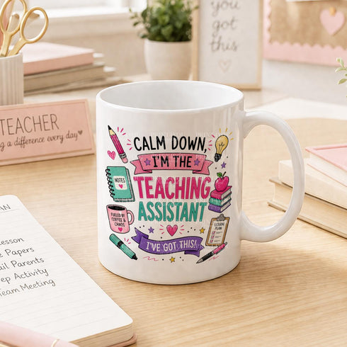 Teaching assistant mug calm down I’m the TA, funny school staff mug, colourful teacher aide gift with pencil notebook apple design UK