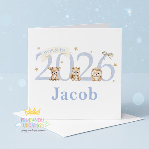 Newborn Baby Card – Personalised Blue Woodland Card | Luxury Handmade Keepsake