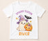 Personalised Spooky Season Halloween t-shirt featuring cute ghost wearing purple witch hat, smiling pumpkin, bat and custom name on white children's Halloween shirt