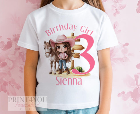 Cowgirl Birthday Girl T-Shirt | Personalised Western Horse Tee | Pink DTG Printed Cotton Shirt for Kids | 6m–10yrs | Custom Age & Name