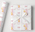 Personalised 1st birthday wrapping paper with pink duck design, custom name and relation, large number 1, balloons, bunting and bow details.