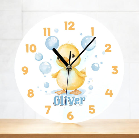 Personalised Acrylic Nursery Clock with Yellow Duck for Baby Girl - Unique New Baby Gift 245cm.