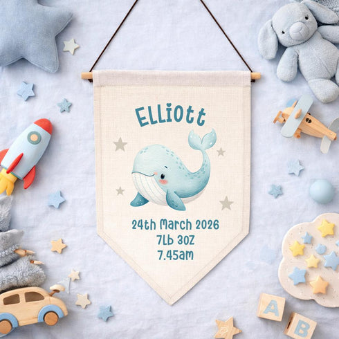 Personalised Baby Name Flag – Ocean Nursery Decor – Whale Birth Stats Pennant