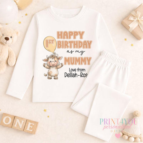 Personalised First Birthday Outfit - Highland Cow Design | Gift From Baby to Mummy or Daddy