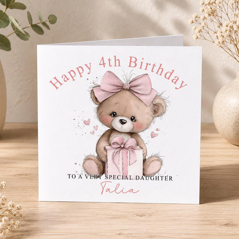Personalised teddy bear birthday card with pink bow and present, cute birthday card for any age and relation