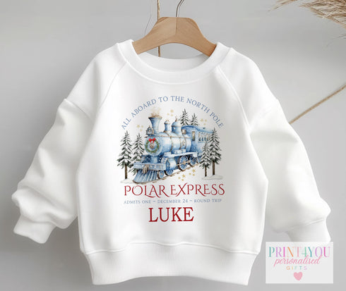 Personalised Kids Polar Express Jumper or T-Shirt Blue North Pole Train Design