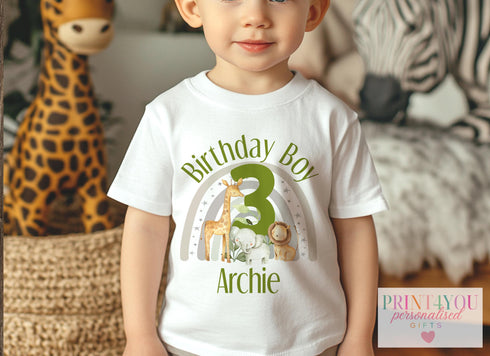 Personalised Safari Birthday T-shirt for Kids White Cotton Tee for First to Sixth Birthday Celebrations