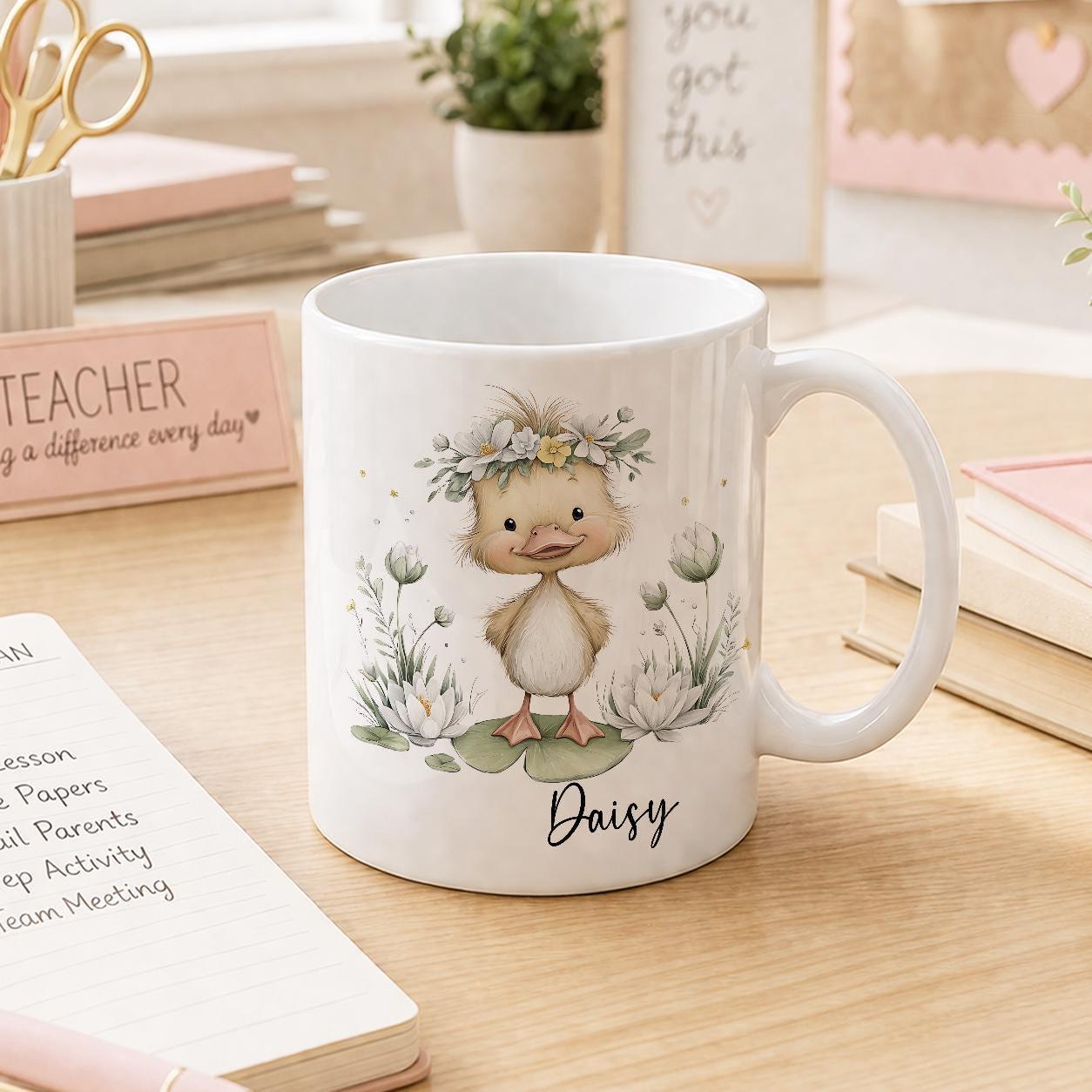 Personalised duck mug with floral design, gift for her