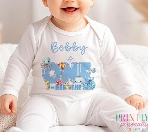 Personalised Under the Sea First Birthday T-shirt Sleepsuit Vest or Bib with One-der the Sea Fish Design