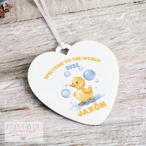 Personalised Yellow Duck Acrylic Heart Plaque - 10cm First Birthday Gift Idea