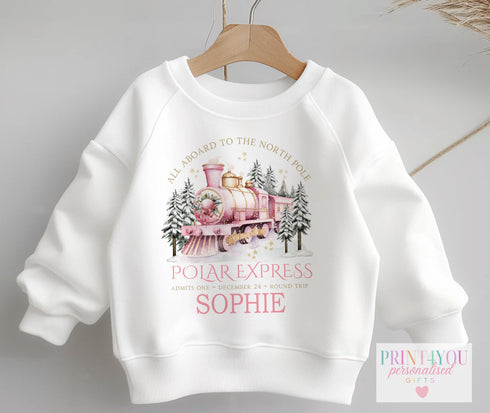 Personalised Kids Polar Express Jumper or T-Shirt Pink North Pole Train Design