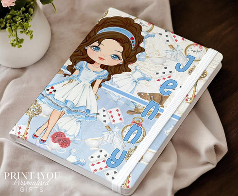 Personalised Alice in Wonderland Girl Notebook – Custom Name Journal, PU Leather UV Printed, 6 Character Styles, Lined Pages, Gift for Girls