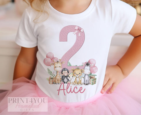 Personalised Pink Safari Birthday T-Shirt – Jungle Animal Girls Top with Name & Age, DTG Printed, 6m–10yrs, Custom Gift Idea