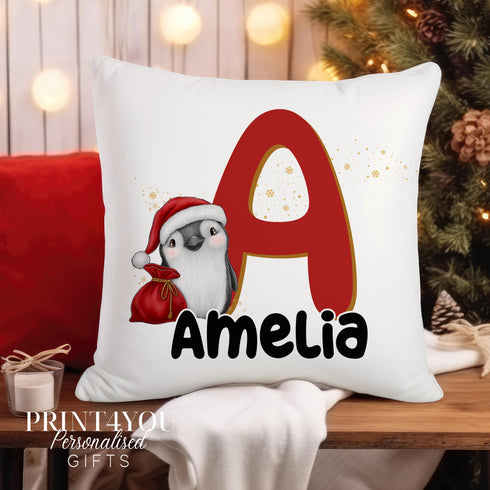 Personalised Christmas Penguin Cushion with Initial & Name Gift Pillow