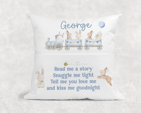 Personalised Childrens Book Cushion - Blue Train Design Perfect Easter Gift with Bunny Rabbit Theme