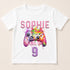 A white t-shirt with a graphic design featuring a colorful game controller and the text "SOPHIE LEVEL UP 9" printed on it.