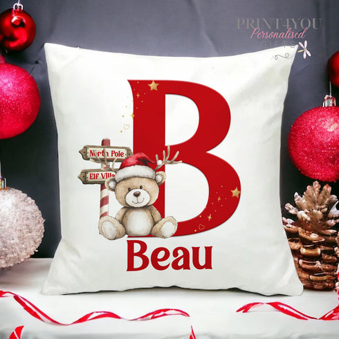Personalised Christmas Cushion Cover | Super Soft and Fully Washable | Gift for Him or Her | Reindeer Teddy Bear and Initial