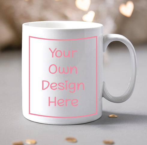 White ceramic custom mug with upload your own artwork print area shown in square on both sides