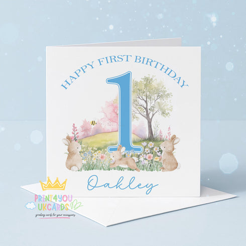 First Birthday Card – Personalised Blue Bunny Baby Boy 1st Birthday Keepsake