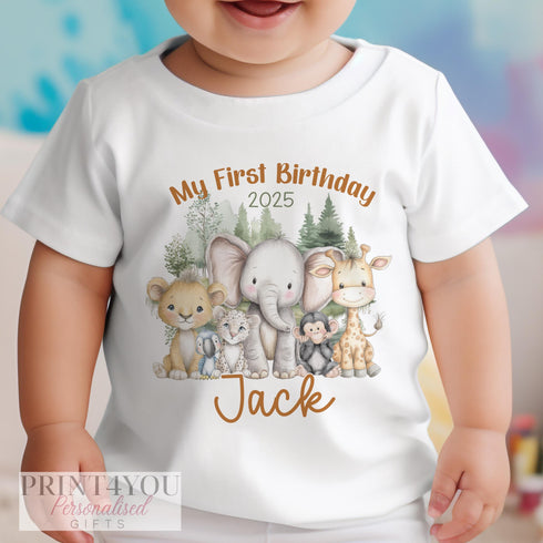 Safari 1st Birthday Personalised Baby Outfit 2025 | Name Vest, T-Shirt, Sleepsuit or Bib | Jungle Animal Cotton DTG Gift | Baby Boy or Girl