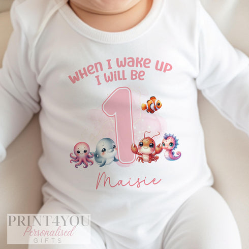 Under the Sea Pink Personalised 'When I Wake Up I Will Be One' Sleepsuit & Vest - 1st Birthday Outfit