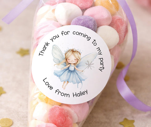 Personalised Fairy Stickers – Blue Fairy Party Bag Labels – Custom Name 5cm - Strips (5cm each)