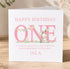 A personalized birthday card for a one-year-old named Isla, featuring a cute bunny and colorful flags.