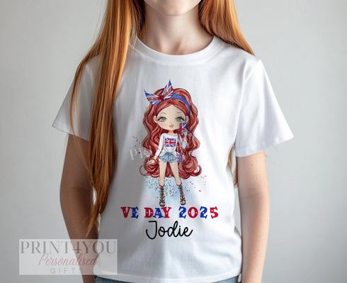 Personalised VE Day 2025 Girls T-Shirt with Custom Name Hair Skin Tone Soft Cotton Union Jack Design Ages 0-12