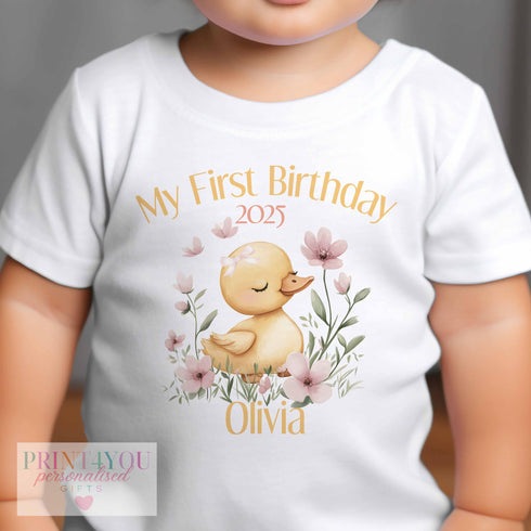 Personalised Pink Duck First Birthday Outfit T-Shirt Sleepsuit Vest for Girls