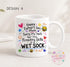 A white ceramic mug with a colorful design featuring text and illustrations related to Father's Day and a mother.