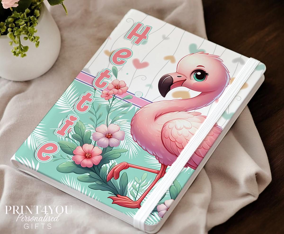 Personalised A5 flamingo hardback notebook with floral design and elastic closure