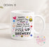 A white ceramic mug with a colorful and playful design featuring text and illustrations related to Father's Day and a mother.