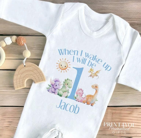 Personalised Blue Dinosaur Sleepsuit Vest - First Birthday When I wake up Outfit