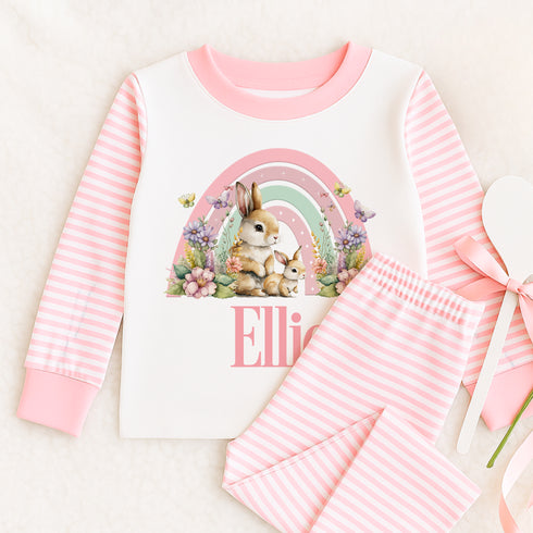 a pink and white shirt with a bunny on it