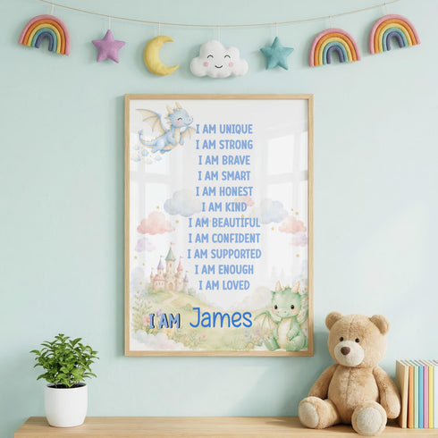 a framed poster with a list of personal qualities, a dragon, and a castle, placed on a wall next to a teddy bear and some books.