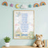 a framed poster with a list of personal qualities, a dragon, and a castle, placed on a wall next to a teddy bear and some books.