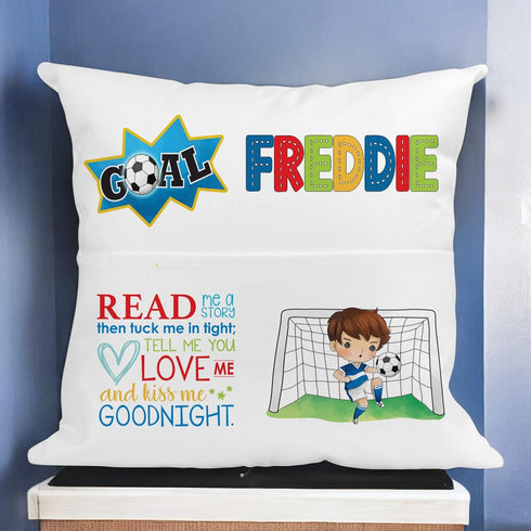Personalised Kids Football Cushion - Custom Name Pillow - 40x40cm Bedtime Story Holder - Optional Insert