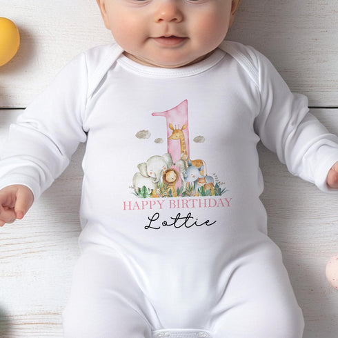 Personalised First Birthday Outfit – Soft Cotton Baby Sleepsuit, Vest & Bib