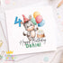 Square greeting card showing the donkey birthday card with name & age design