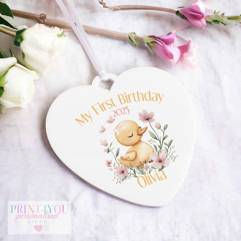 Personalised Yellow Duck 10cm Acrylic Heart Hanging Plaque - 1st Birthday Gift