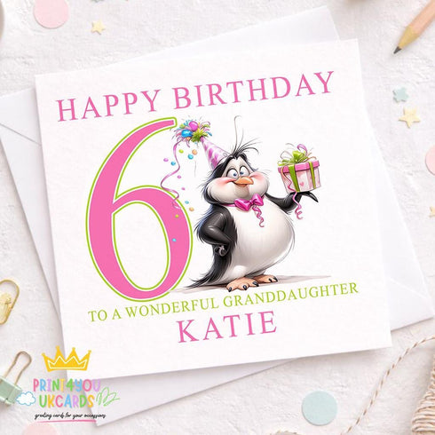Personalised girls birthday card with cute penguin design, pink theme, custom age name birthday card for daughter granddaughter niece