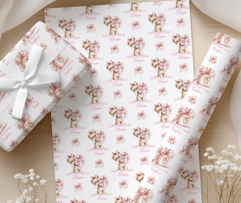 Personalised Birthday Wrapping Paper, Teddy Bear, Girl Name Wrap